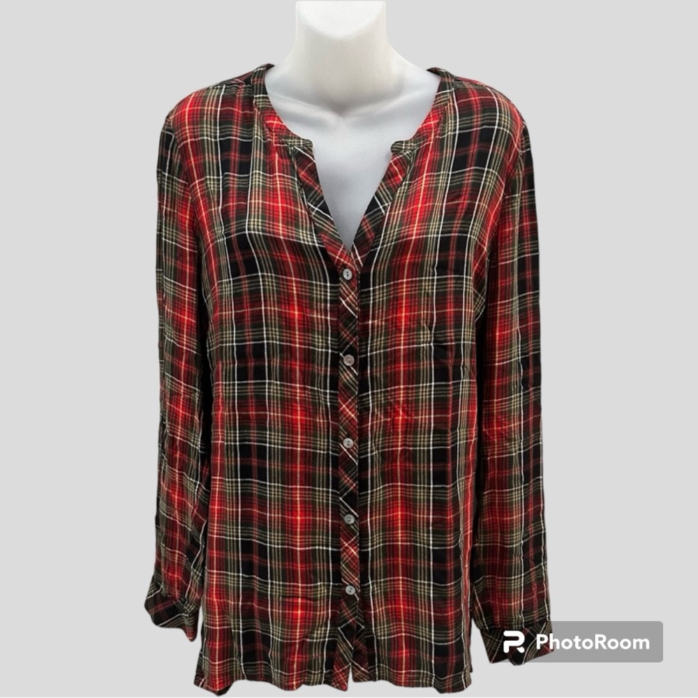 J. Jill Long Sleeve Button Down Top Red & Black Plaid Mandarin Collar Size Large